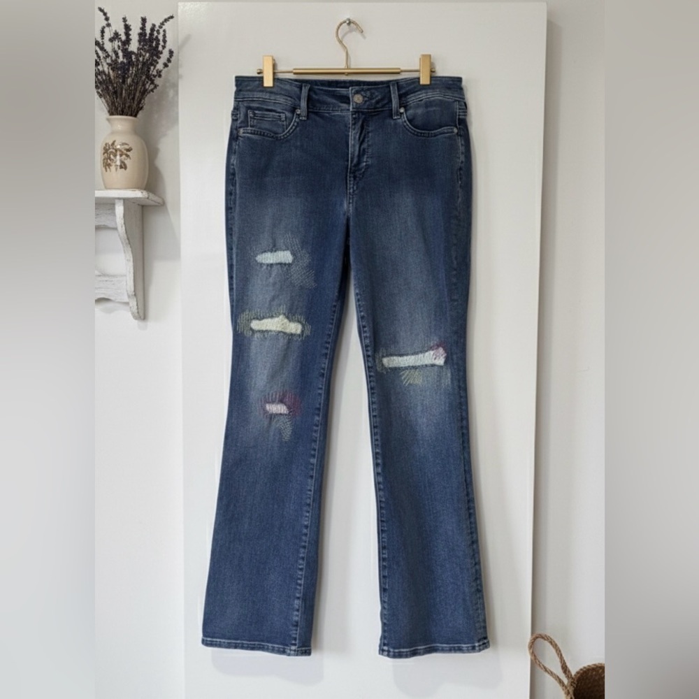 NYDJ| ‘Marilyn’ Straight Leg ‘Lift & Tuck’ Patched Distressed Denim Jeans Sz 8